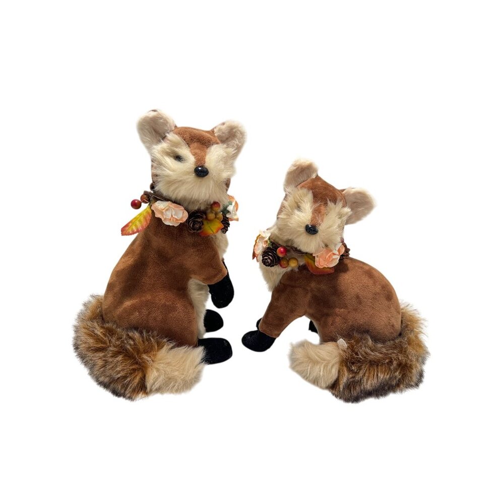 Lot of 2 Fabric Covered Fluffy Fur Tailed Foxes With Floral Wreaths 10" & 8.5" t